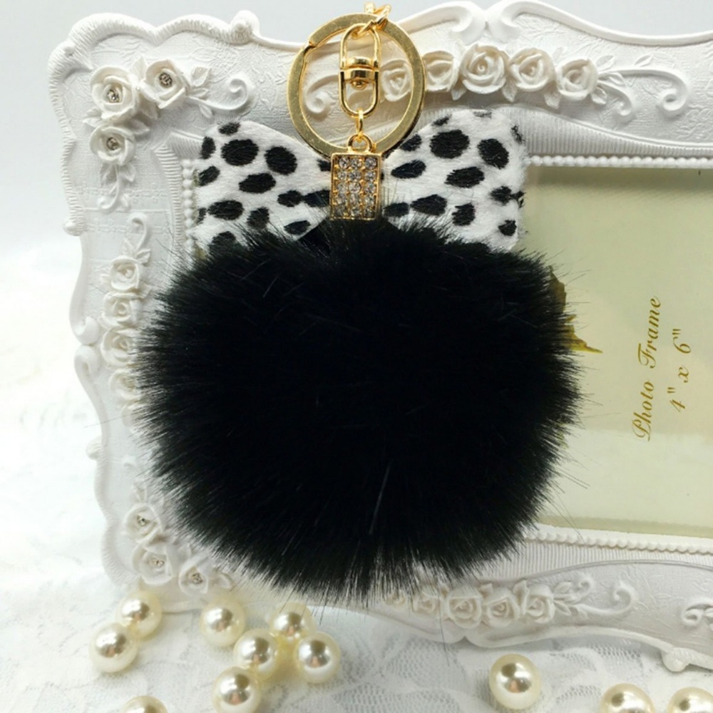 Black Leopard Bow Pompom Keychain